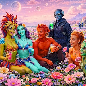 Può includere: Un'opera d'arte digitale vibrante raffigura un gruppo di figure diverse e colorate in un campo di fiori. Le figure, con varie tonalità di pelle e colori di capelli, tengono in mano delle bevande. Lo sfondo presenta pianeti e un cielo colorato, creando una scena surreale e fantastica.