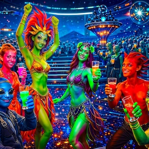Può includere: Una vivace illustrazione digitale raffigura una scena di festa futuristica con alieni. Diverse figure dalla pelle verde in abiti colorati tengono in mano bevande e ballano. Lo sfondo presenta una folla di alieni dalla pelle blu e un luogo futuristico.