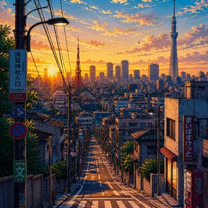 Può includere: Illustrazione di un paesaggio urbano al tramonto, con una lunga strada che conduce a uno skyline con torri ed edifici. Il cielo è un mix di arancione e blu. La strada ha strisce pedonali e testo giapponese.