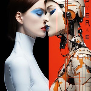 Può includere: Immagine artistica raffigurante una figura umana e una figura robotica in un abbraccio intimo. L'umano ha i capelli castani, trucco occhi blu e rossetto rosso. Il robot ha una testa color crema e dettagli arancioni. Lo sfondo è diviso tra nero e rosso.