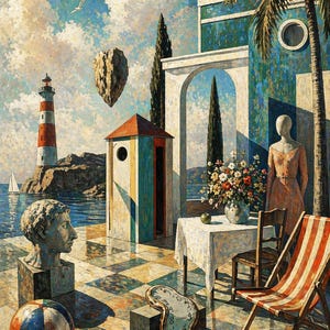 Può includere: Un dipinto artistico raffigura una scena surreale in riva al mare. Un faro a strisce rosse e bianche si erge su un'isola rocciosa. Un busto, un pallone da spiaggia e un orologio che si scioglie sono su un pavimento a scacchiera. Sono presenti anche un tavolo con fiori e una sedia a sdraio.