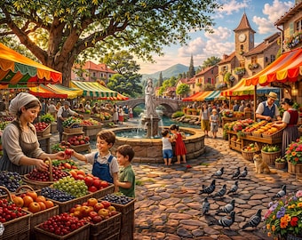 Market in the village :printable aesthetic puzzle adult