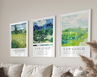 Van Gogh Poster Set, 3 Piece Wall Art, Van Gogh Print Set, Van Gogh Poster, Museum Exhibition Poster Set, Green and Blue, Digital Download