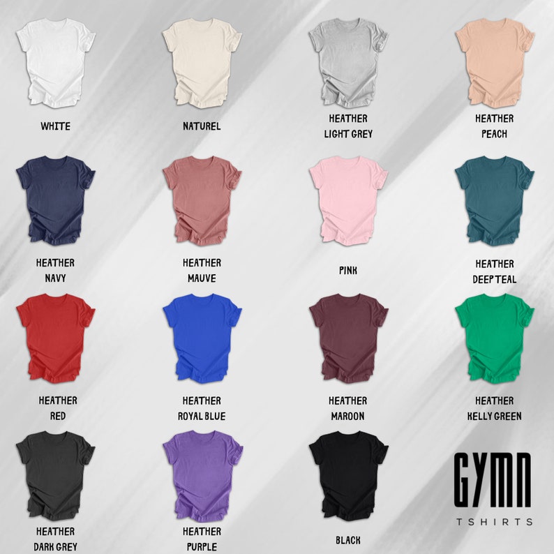 Pode incluir: Um gr&aacute;fico que mostra 14 cores diferentes de camisetas com o texto "GYMN TSHIRTS" na parte inferior. As cores incluem branco, natural, cinza claro mesclado, p&ecirc;ssego mesclado, azul marinho mesclado, malva mesclado, rosa, azul escuro mesclado, vermelho mesclado, azul royal mesclado, vinho mesclado, verde kelly mesclado, cinza escuro mesclado e roxo mesclado.