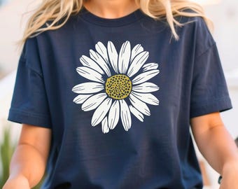 Women's Plus Size Daisy Graphic T-Shirt – Cute Floral Short Sleeve Tee, Loose Fit Casual Top – Dark Grey, 1X