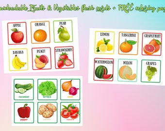 Obst und Gemüse druckbare Karteikarten + KOSTENLOSE Malvorlagen, lehrreich, Vorschulkarten, sofortiger digitaler Download
