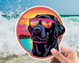 Labrador Retriever Sticker, Black Lab Sticker, Lab in Sunglasses, Sunset Sticker, Summer, Dog Sticker, Beach Dog, Hydro Flask Sticker