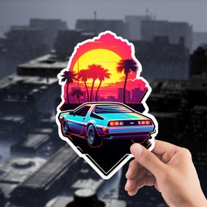 Synthwave Car in Sunset Sticker, 1980&#39;s Synthwave Sticker, 1980&#39;s Retro Car Sticker, Skeleton Sticker, Sci Fi