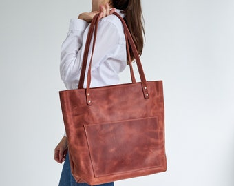 Leather Tote Bag for Women, Leather Shoulder Bag With Pockets, Laptop Work Student Bag, Large Leather Tote Work Bag, Leather Handbags
