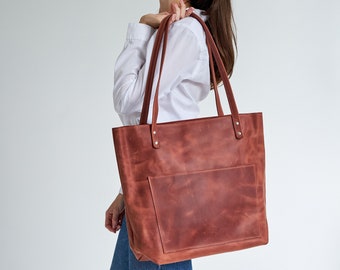 Leather Tote Bag with Zipper and Outside Pocket, Women&#39;s Leather Tote, Monogrammed Purse, Shoulder Bag, Macbook Tote Bag, Gift for Her