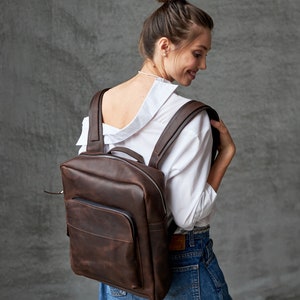May include: A brown leather backpack with a zippered front pocket. The backpack is being worn by a person with a white shirt and blue jeans.