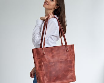 Große Leder Tragetasche für Frauen mit Tasche, handgemachte braune Tote, Schultertasche, Messenger-Handtasche, Frauen große Tasche, Top Griffe Geldbörse