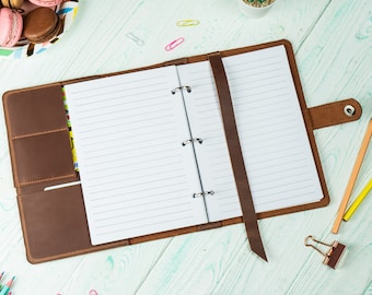 A5 Leather Ring Binder Planner Organizer, Six or Three Ring Binder Notebook, Custom Leather Daily Organizer, Leather Journal, Notebook cover