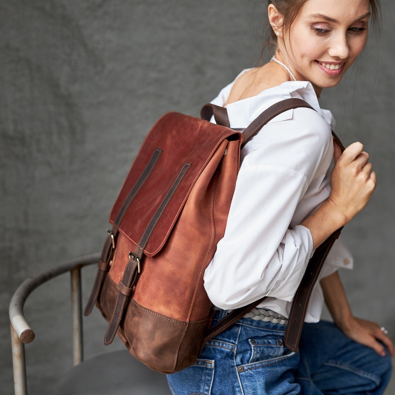 Men Genuine Leather Backpack, Handmade Laptop Messenger Bag Women, Travel Hiking College Rucksack For Men & Women, Vintage Backpack image 9