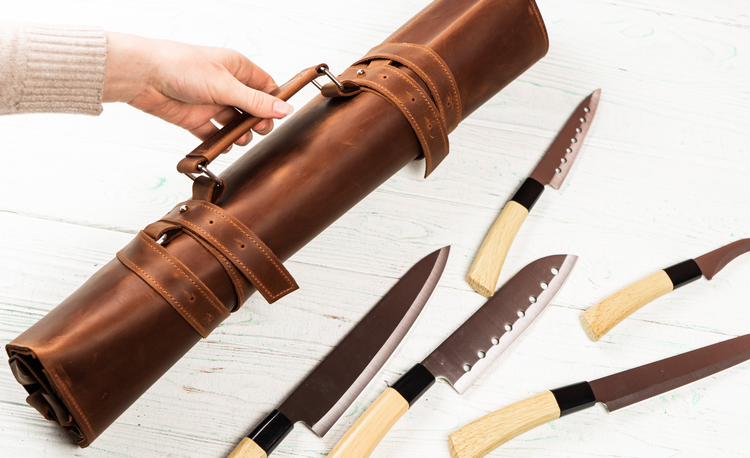 Sac Protection Couteaux Chef Sac Rangement Couteaux Cuisine Toile Cirée - 7 Emplacements - Portable Camping BBQ - Cadeau Chef étui Opinel