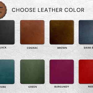 Puede incluir: Un gr&aacute;fico que muestra 10 colores de cuero diferentes para un producto. Los colores son: negro, co&ntilde;ac, marr&oacute;n, azul oscuro, azul celeste, verde, burdeos y rojo. El texto "Elige el color del cuero" est&aacute; en la parte superior del gr&aacute;fico.