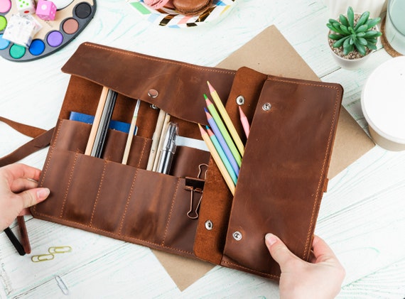 Leather roll, Leather pencil roll, Artist's roll, Leather pencil case roll, Leather tool roll, Artist's brush roll, Leather organizer