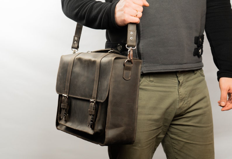 Convertible Leather Briefcase Backpack, Leather Vintage Bag, Satchel Bag, Men's Messenger Bag,Leather Briefcase,Large Satchel,Mens briefcase zdjęcie 3