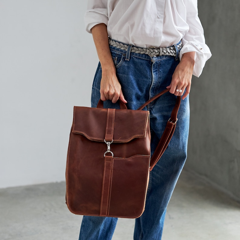 Mochila urbana de cuero, mochila de viaje de cuero hecha a mano, mochila de cuero para mujer para el trabajo, mochila urbana de cuero, mochila para la oficina. imagen 2