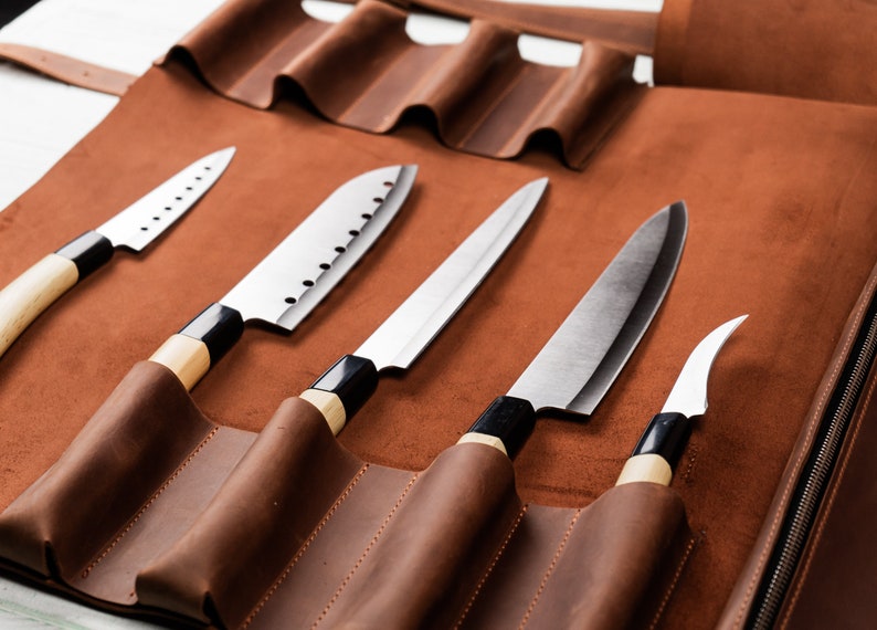 Étui à couteaux en cuir personnalisé, rouleau de couteaux, rouleau de chef, sac à couteaux, cadeau de chef, rouleau de couteau en cuir, sac de chef, sac à couteaux de chef, rouleau en cuir image 3