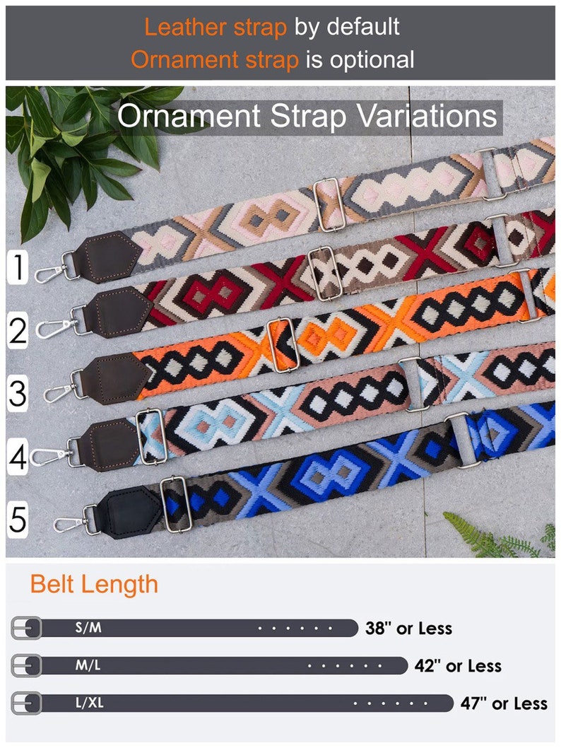 K&ouml;nnte beinhalten: F&uuml;nf dekorative Ornamentriemen mit verschiedenen geometrischen Mustern und Farben, darunter Beige, Rot, Orange, Blau und Schwarz. Jeder Riemen hat ein Lederende und einen Metallverschluss. Das Bild zeigt auch G&uuml;rtell&auml;ngenoptionen: S/M (96.5cm oder weniger), M/L (106.7cm oder weniger) und L/XL (119.4cm oder weniger).
