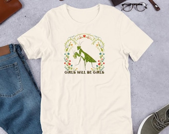 Girls Will Be Girls – Folk Art Praying Mantis Unisex T-Shirt