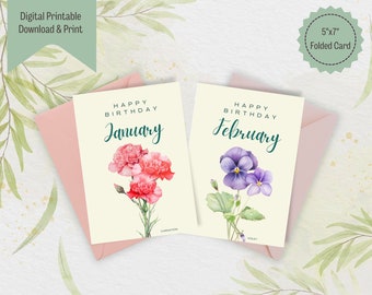 12 Months Flower Happy Birthday Card, Set of 12 Floral Birthday Cards, Greeting Flower Card, Floral card 5x7” Instant Download Foldable Card