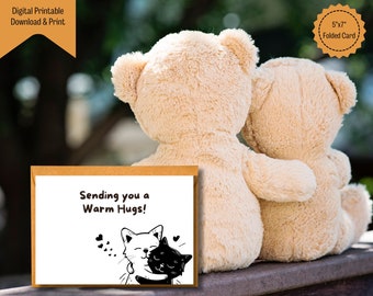 Sending Hugs Card, 7x5" Printable Greeting Card Instant Download, Sending Warm Hugs Greeting Card, Brighten Someone Card, Cute Cats Card