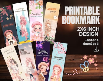 Instant download 8 cute girls set Bookmarks, Kawaii Girls Bookmark Bundle, Anime Girls Bookmark and quote, Cute girls Printable bookmark