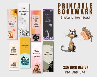 Instant download 8 cats set Bookmarks, Cats Bookmark Bundle, Printable bookmark, Cute Clumsy Cat Bookmark and Quote, Cat lovers Bookmark