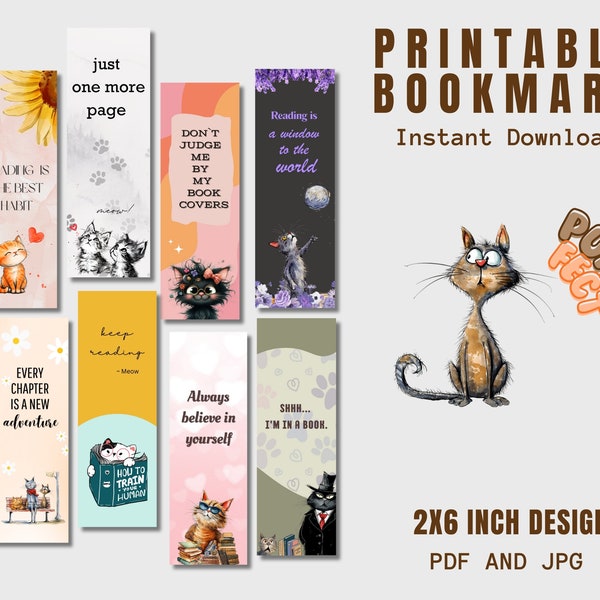 Instant download 8 cats set Bookmarks, Cats Bookmark Bundle, Printable bookmark, Cute Clumsy Cat Bookmark and Quote, Cat lovers Bookmark