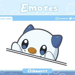 Può includere: Un'illustrazione di cartone animato di Oshawott, un Pokémon di tipo acqua, che sbircia da dietro una superficie bianca. Oshawott è bianco con pinne blu a forma di orecchie e grandi occhi neri. Ha un piccolo naso arancione.