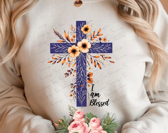 I am Blessed Boho Floral Christian PNG Sublimation Design, Jesus Png, Vintage Shirt PNG, Scripture Clipart, Faith Png Floral Cross Png EC124