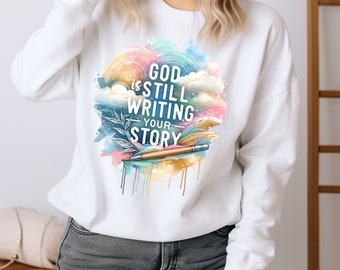 Dios sigue escribiendo tu historia. Diseño cristiano retro de sublimación PNG, arte evangélico imprimible, inspiración de la fe en Jesús, ropa de iglesia EC079.