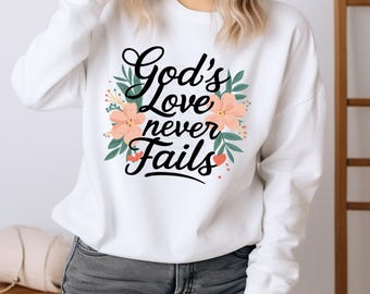 El amor de Dios nunca falla. Diseño cristiano floral bohemio PNG de sublimación. Arte imprimible del Evangelio de fe. Camiseta cristiana de moda PNG. Fe EC088.