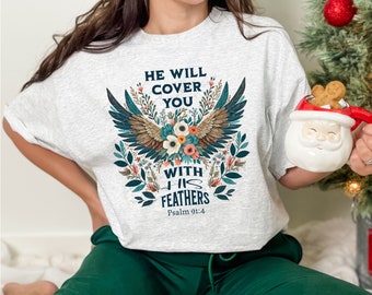 Él te cubrirá con sus plumas. Diseños florales bohemios cristianos de sublimación PNG, versículo bíblico PNG, fe de Jesús PNG, arte del Evangelio, EC110