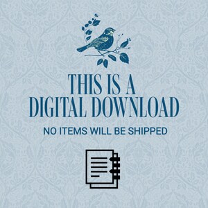 Op de afbeelding: Een digitale download-afbeelding met een blauwe vogel op een tak, de tekst "Dit is een digitale download" en de tekst "Geen items worden verzonden" eronder. Een zwart-wit pictogram van een notitieboek met een spiraalbinding bevindt zich onder de tekst.