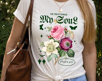 Diseño de sublimación PNG "Él restaura mi alma", PNG floral cristiano vintage, Jesús PNG, Versículo bíblico PNG, Sublimación de mujeres, Fe PNG EC106
