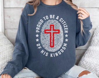 PNG cristiano retro: Orgulloso de ser ciudadano de su reino, diseño de cruz con huella dactilar (descarga digital) EC034