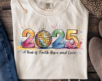 Año Nuevo Cristiano 2025 PNG DUO, Diseños de Sudadera Estética de Año Nuevo con Dios Jesús, PNG Basado en la Fe, Bola de Disco de Año Nuevo de Moda PNG NY001