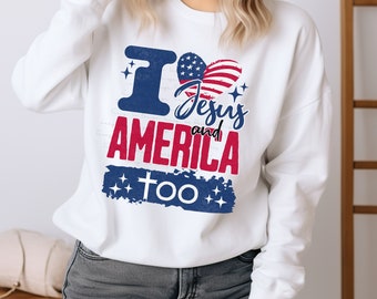 Ik hou ook van Jezus en Amerika 4 juli christelijke png-sublimatie, retrochristelijke png, patriottisch christelijk shirt png, Jezus geloof png 4J002