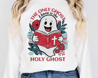 El único fantasma que conozco es el Espíritu Santo. Sublimación PNG cristiana divertida de Halloween, PNG floral bohemio retro cristiano, fantasma lindo PNG HW013.