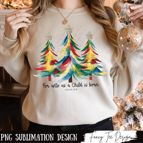 Navidad cristiana PNG, Porque nos ha nacido un niño, Diseños PNG de las Escrituras, Versículo bíblico PNG, Árbol de Navidad en acuarela PNG, Fe PNG XM038