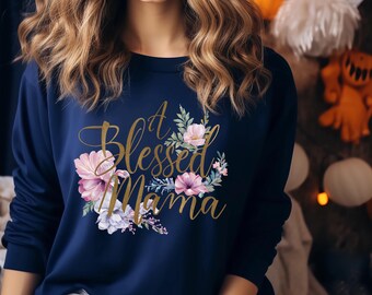 A Blessed Mama Floral Christian PNG, Boho Floral PNG, Mama Sublimation, Christmas Gifts for Mom, Mom Shirt Design, Christian Mama PNG CM001