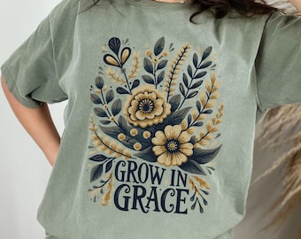 Diseño de sublimación PNG "Crecer en Gracia DUO", PNG cristiano retro, PNG cristiano bohemio descarga instantánea, Jesús PNG, Diseño cristiano floral EC093