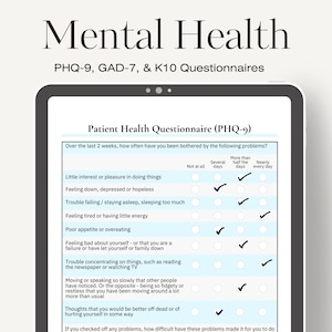 Mental Health Tracker - PHQ-9 GAD-7 and K10 Questionnaires - Printable Depression Anxiety Therapy Digital Download PDF