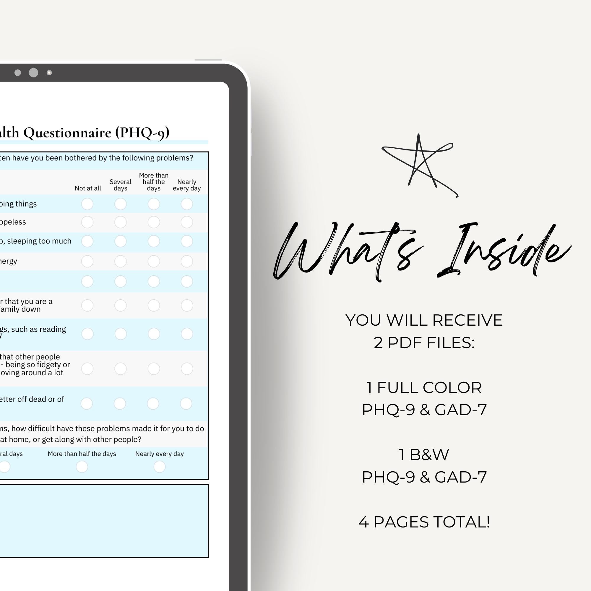Mental Health Printable - PHQ-9 &amp; GAD-7 Questionnaires - Depression ...