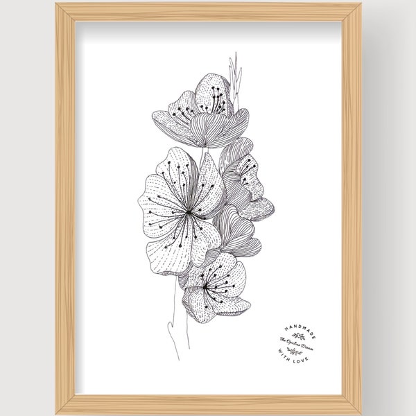 Illustration dessiner à l'encre « branche de magnolia » en formats A4 (21*30 ) sur papier art print .Reproduction à encadrer.