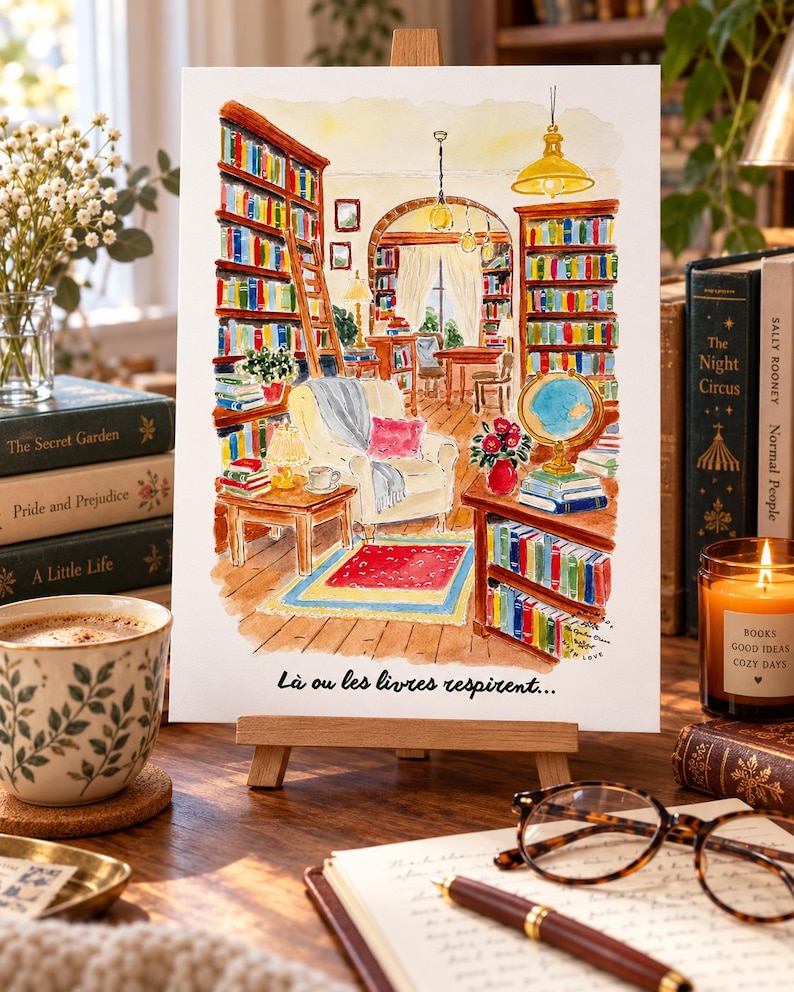 Może przedstawiać: Akwarelowa ilustracja na drewnianej sztaludze przedstawiająca wnętrze przytulnej biblioteki z regałami na książki, wygodnym fotelem, globusem i dywanem. Na dole znajduje się napis "L&agrave; ou les livres respirent...".