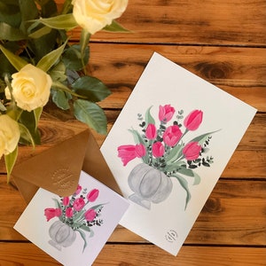 Ilustracja lub kartka z kopertą kraft Tulipany na zawsze (14,8x21,0) lub (210x297) do zaoferowania lub oprawienia (rama nie jest dołączona) ręcznie robione